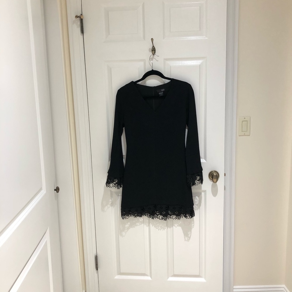 Aqua black dress with lace trim sleeves and hem